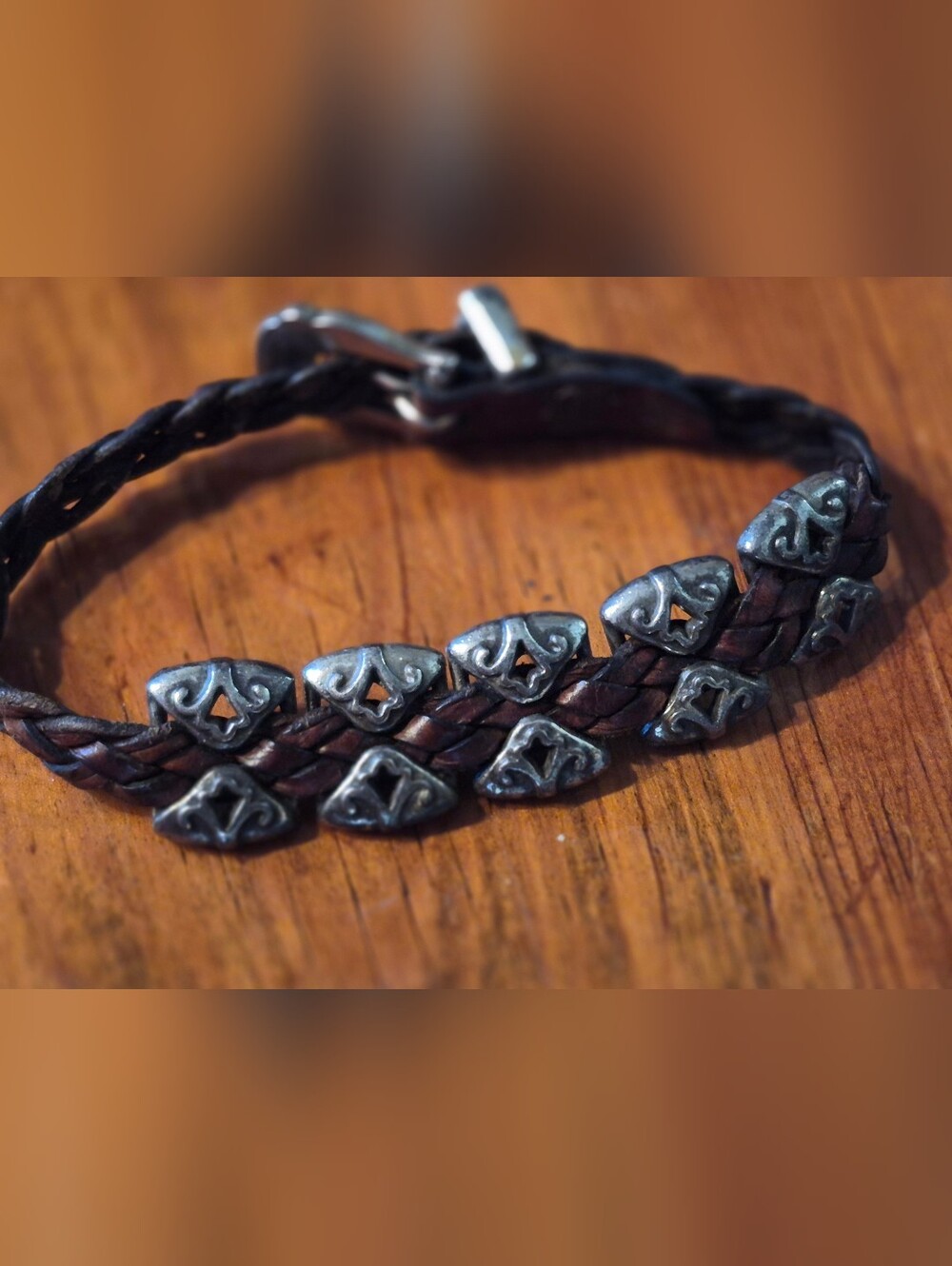 Vintage Braided Leather Braclete Stamped With Serial# Silver Buckle - Brown